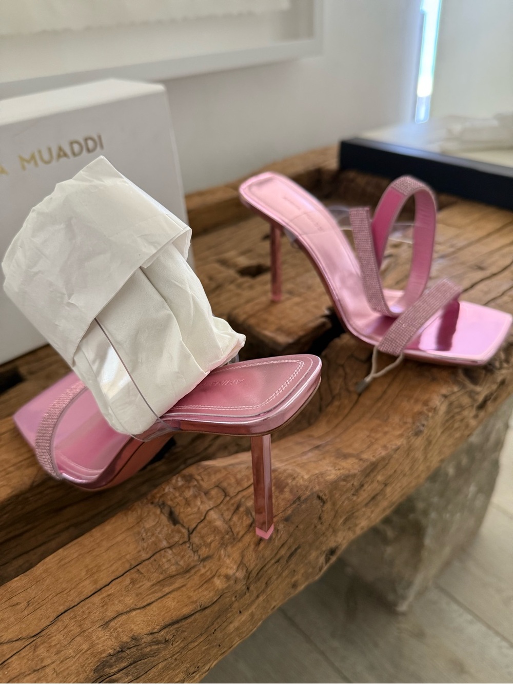 AMINA MUADDI Pink Rhinestone Ankle-Strap High Heel Sandals - Picture 7 of 16